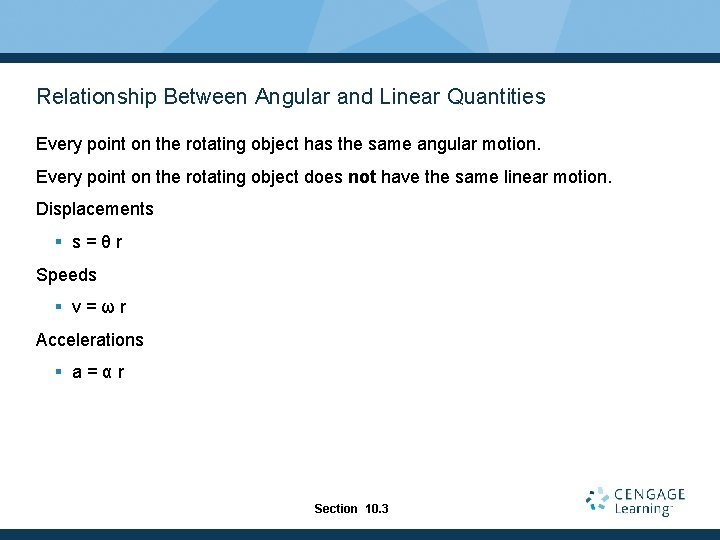 Relationship Between Angular and Linear Quantities Every point on the rotating object has the
