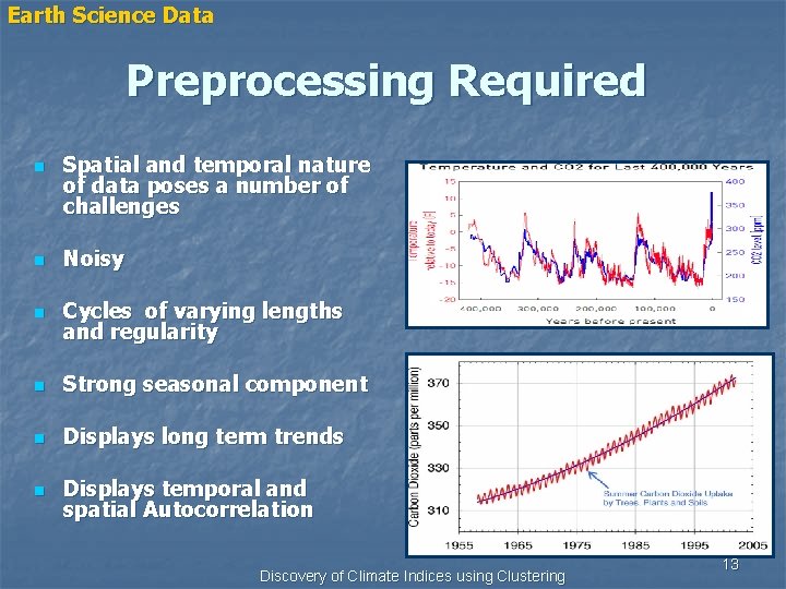 Earth Science Data Preprocessing Required n Spatial and temporal nature of data poses a