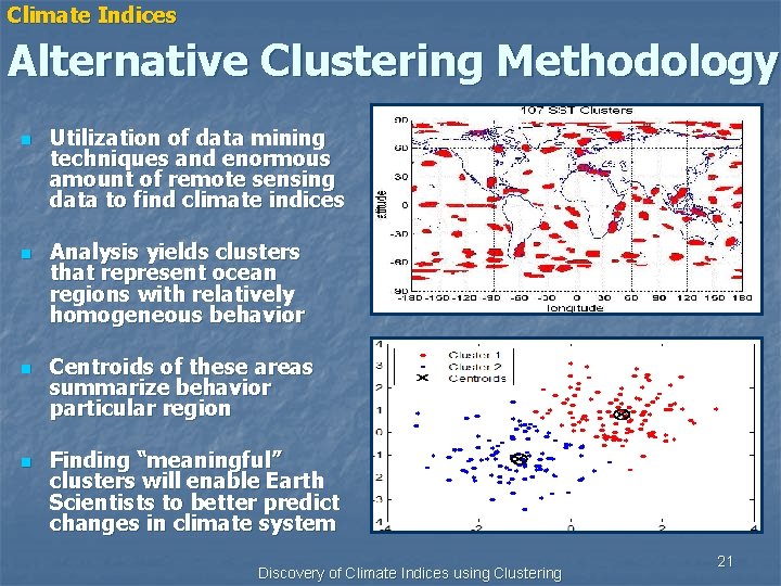 Climate Indices Alternative Clustering Methodology n n Utilization of data mining techniques and enormous
