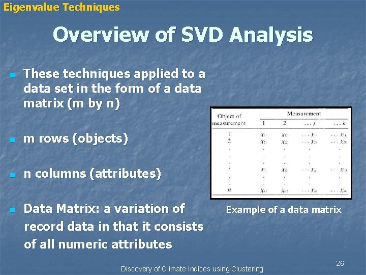 Eigenvalue Techniques Overview of SVD Analysis n These techniques applied to a data set