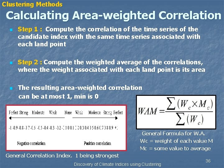 Clustering Methods Calculating Area weighted Correlation n Step 1 : Compute the correlation of