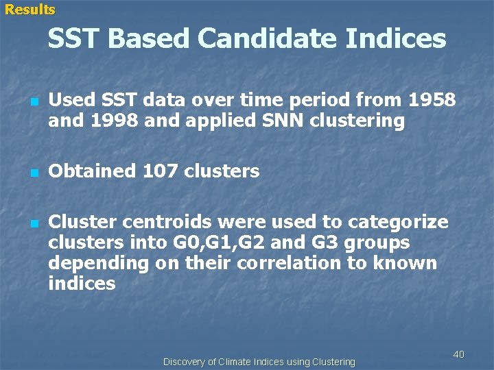 Results SST Based Candidate Indices n n n Used SST data over time period