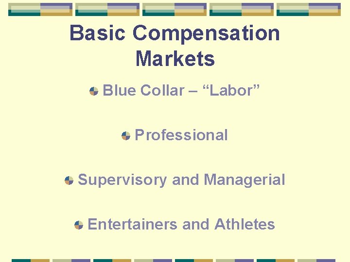 Basic Compensation Markets Blue Collar – “Labor” Professional Supervisory and Managerial Entertainers and Athletes