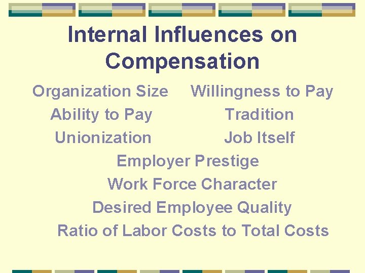 Internal Influences on Compensation Organization Size Willingness to Pay Ability to Pay Tradition Unionization