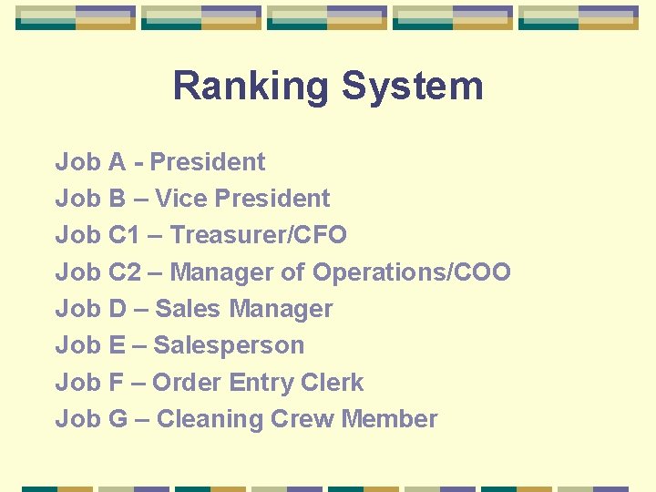 Ranking System Job A - President Job B – Vice President Job C 1