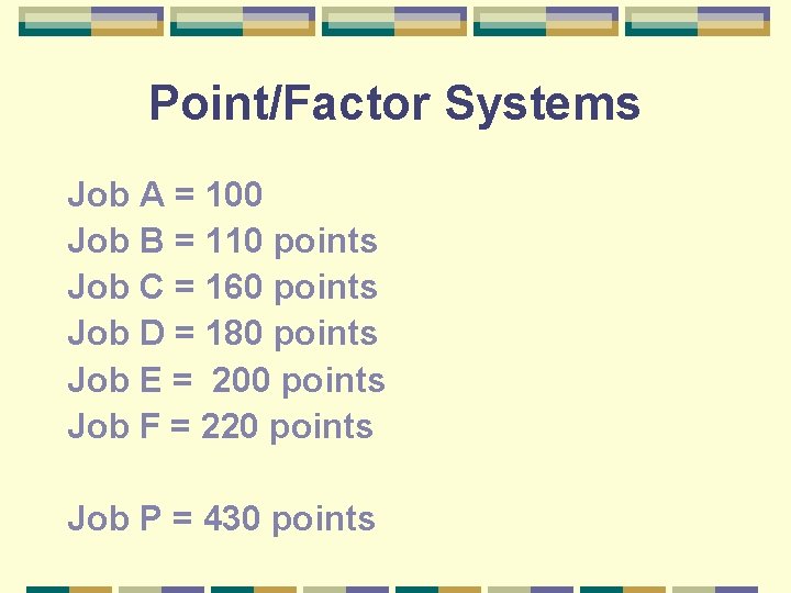 Point/Factor Systems Job A = 100 Job B = 110 points Job C =