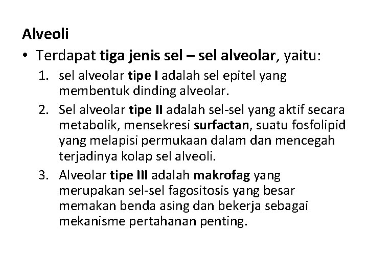 Alveoli • Terdapat tiga jenis sel – sel alveolar, yaitu: 1. sel alveolar tipe