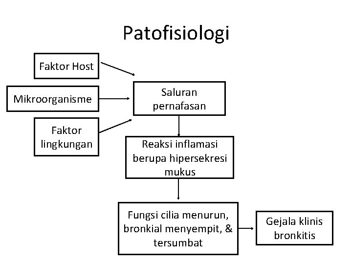 Patofisiologi Faktor Host Mikroorganisme Faktor lingkungan Saluran pernafasan Reaksi inflamasi berupa hipersekresi mukus Fungsi