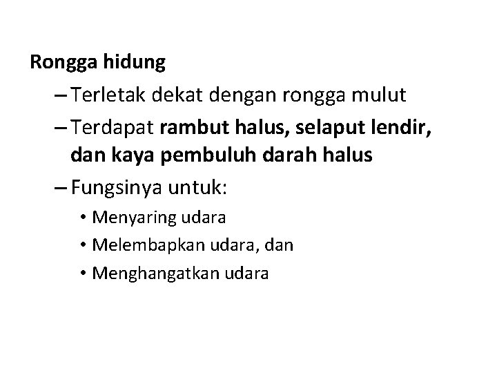 Rongga hidung – Terletak dekat dengan rongga mulut – Terdapat rambut halus, selaput lendir,