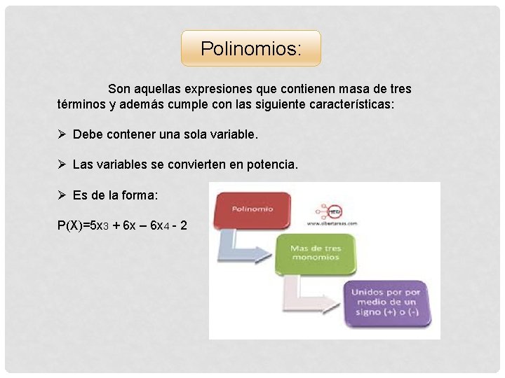 Polinomios: Son aquellas expresiones que contienen masa de tres términos y además cumple con