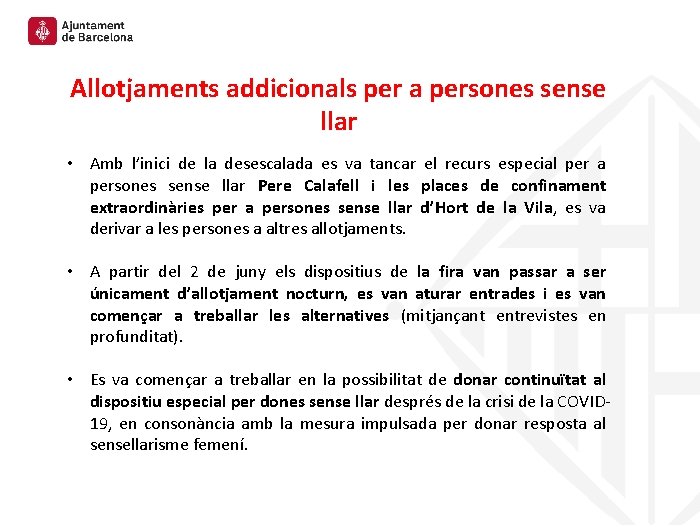 Allotjaments addicionals per a persones sense llar • Amb l’inici de la desescalada es