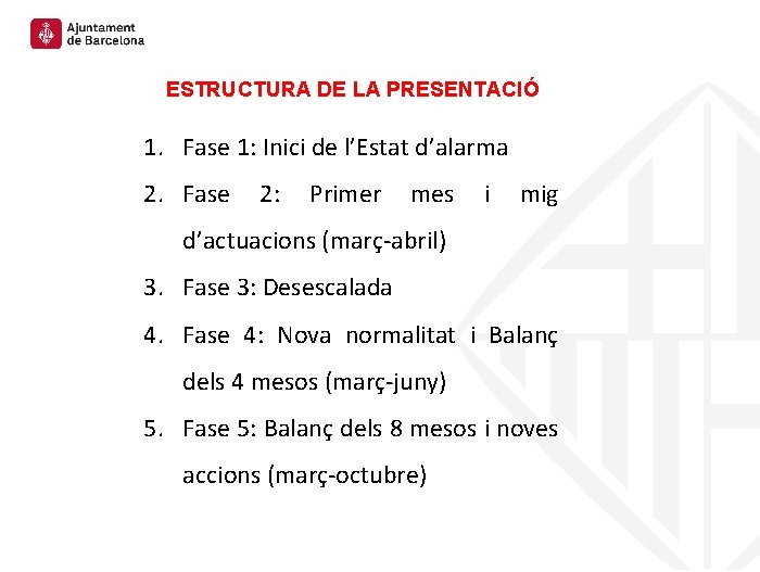 ESTRUCTURA DE LA PRESENTACIÓ 1. Fase 1: Inici de l’Estat d’alarma 2. Fase 2: