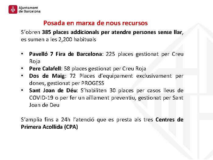 Posada en marxa de nous recursos S’obren 385 places addicionals per atendre persones sense