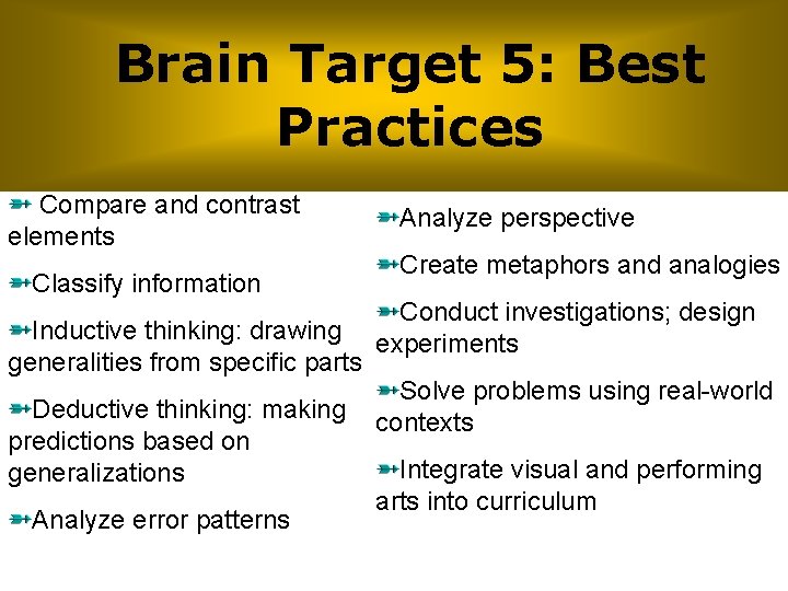 Brain Target 5: Best Practices Compare and contrast elements Classify information Inductive thinking: drawing