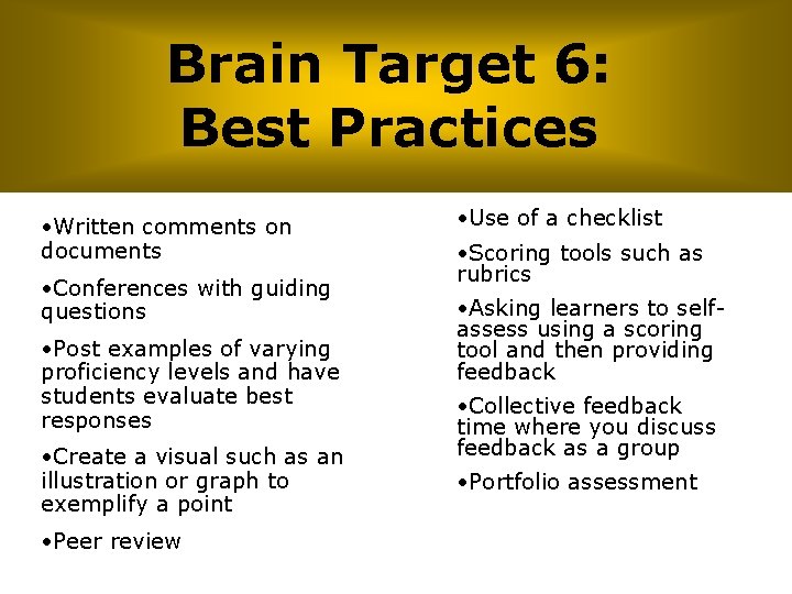 Brain Target 6: Best Practices • Written comments on documents • Conferences with guiding