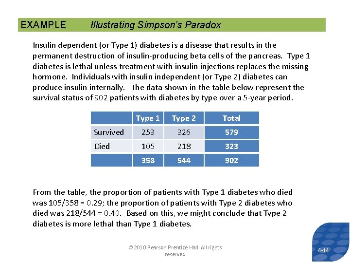 EXAMPLE Illustrating Simpson’s Paradox Insulin dependent (or Type 1) diabetes is a disease that