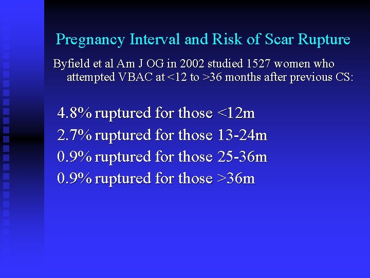 Pregnancy Interval and Risk of Scar Rupture Byfield et al Am J OG in