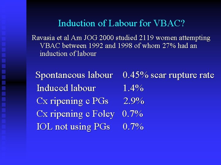 Induction of Labour for VBAC? Ravasia et al Am JOG 2000 studied 2119 women