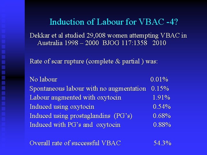 Induction of Labour for VBAC -4? Dekkar et al studied 29, 008 women attempting