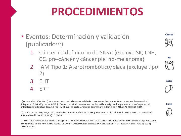 PROCEDIMIENTOS • Eventos: Determinación y validación (publicado ) 1, 2, 3 1. Cáncer no