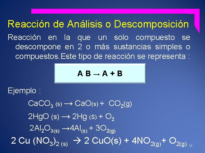 Reacción de Análisis o Descomposición Reacción en la que un solo compuesto se descompone