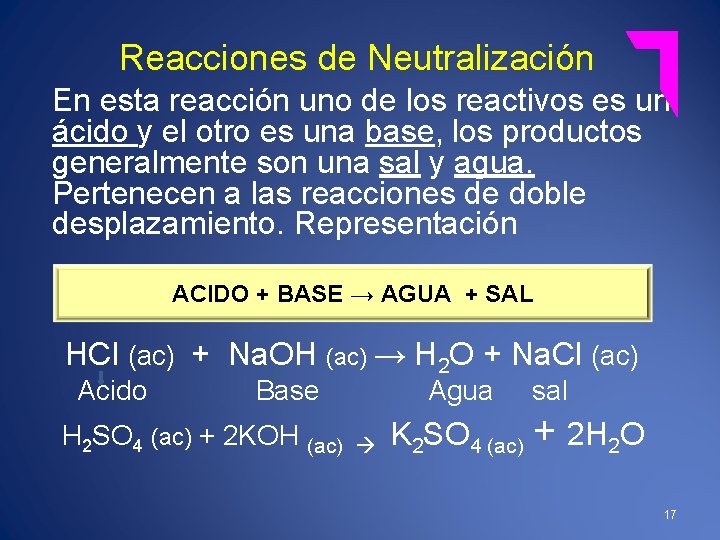 Reacciones de Neutralización En esta reacción uno de los reactivos es un ácido y