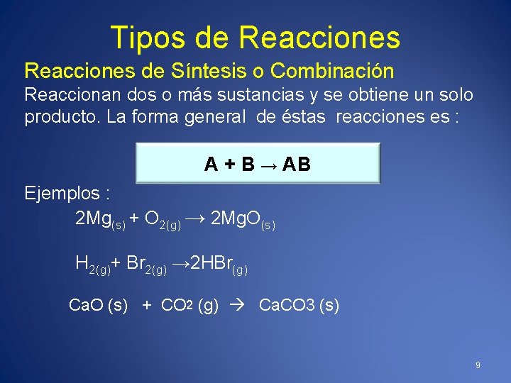 Tipos de Reacciones de Síntesis o Combinación Reaccionan dos o más sustancias y se