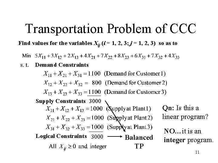 Transportation Problem of CCC Find values for the variables Xij (i = 1, 2,