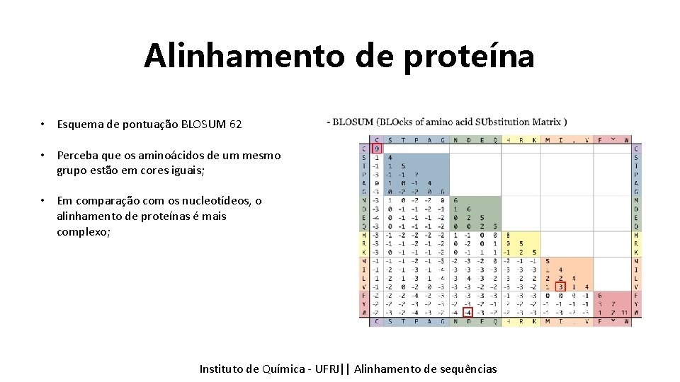 Alinhamento de proteína • Esquema de pontuação BLOSUM 62 • Perceba que os aminoácidos