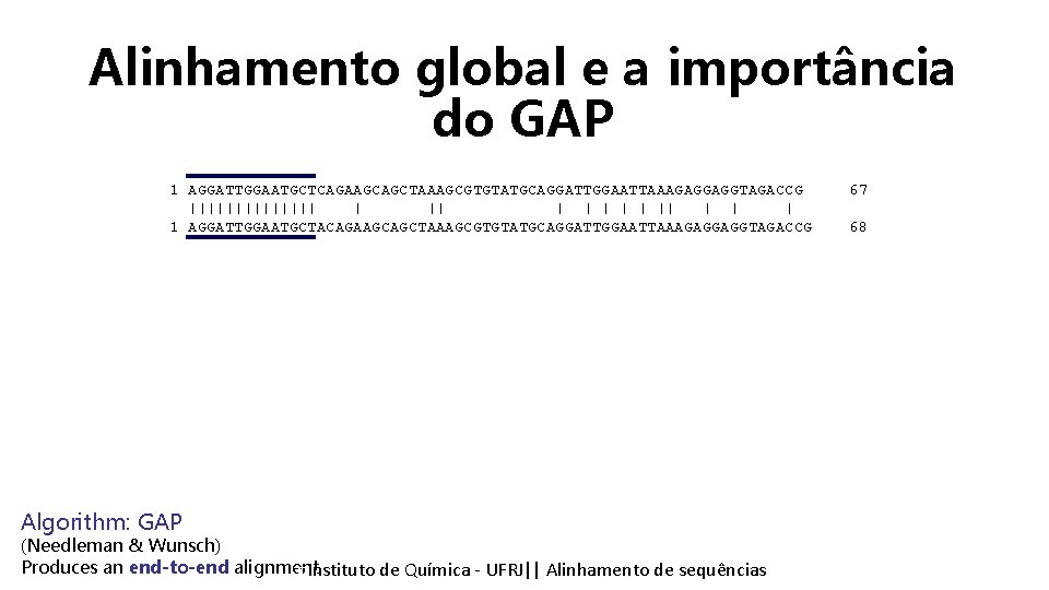 Alinhamento global e a importância do GAP 1 AGGATTGGAATGCTCAGAAGCAGCTAAAGCGTGTATGCAGGATTGGAATTAAAGAGGAGGTAGACCG ||||||| | | || |