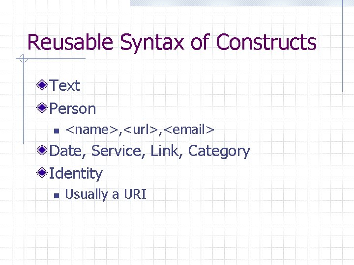 Reusable Syntax of Constructs Text Person n <name>, <url>, <email> Date, Service, Link, Category