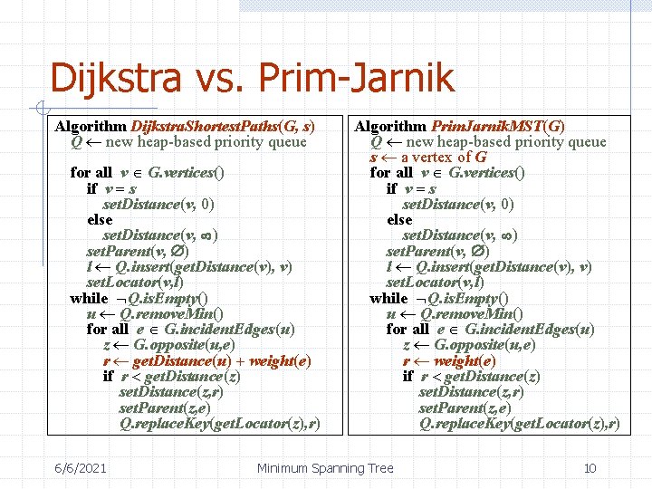Dijkstra vs. Prim-Jarnik Algorithm Dijkstra. Shortest. Paths(G, s) Q new heap-based priority queue for