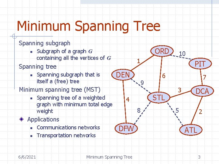 Minimum Spanning Tree Spanning subgraph n ORD Subgraph of a graph G containing all