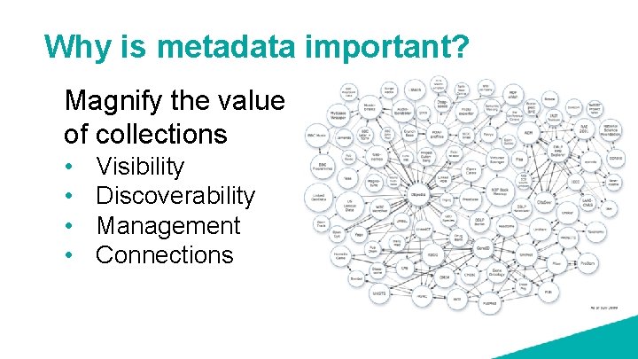 Why is metadata important? Magnify the value of collections • • Visibility Discoverability Management