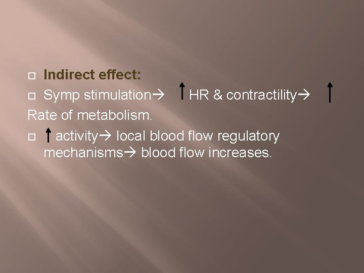 Indirect effect: Symp stimulation HR & contractility Rate of metabolism. activity local blood flow