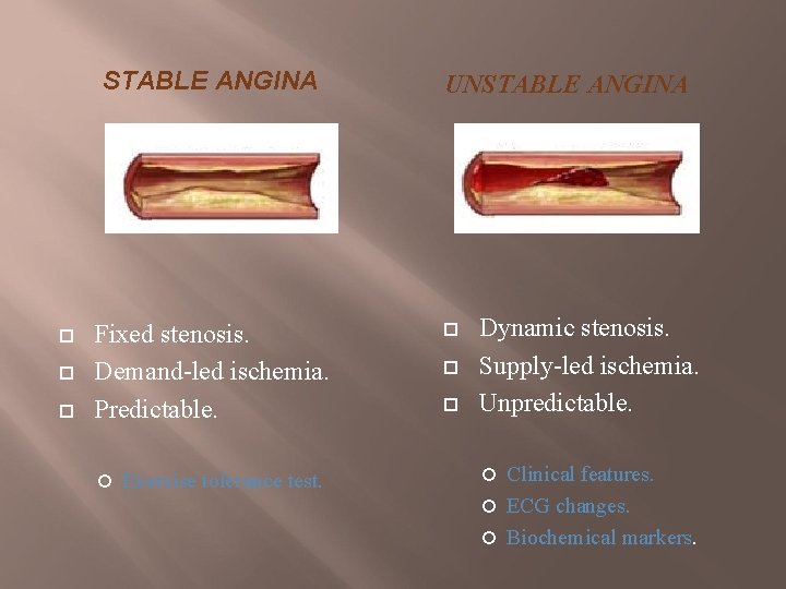 STABLE ANGINA Fixed stenosis. Demand-led ischemia. Predictable. Exercise tolerance test. UNSTABLE ANGINA Dynamic stenosis.