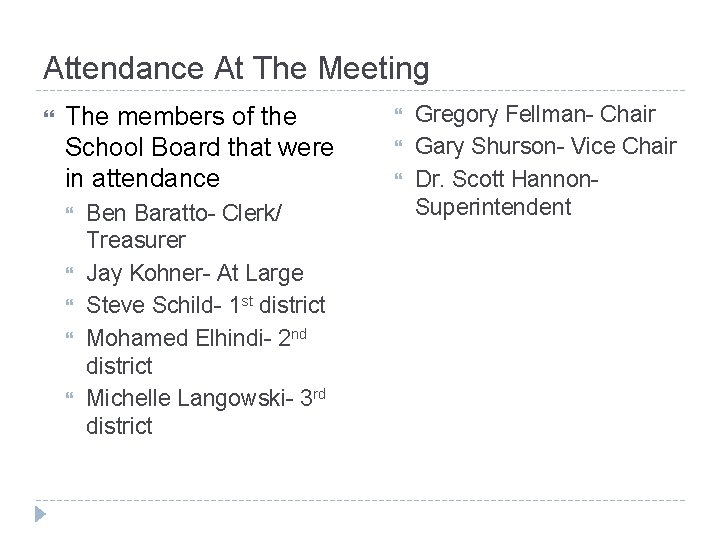 Attendance At The Meeting The members of the School Board that were in attendance