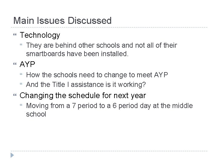 Main Issues Discussed Technology AYP They are behind other schools and not all of
