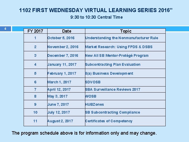 1102 FIRST WEDNESDAY VIRTUAL LEARNING SERIES 2016” 9: 30 to 10: 30 Central Time