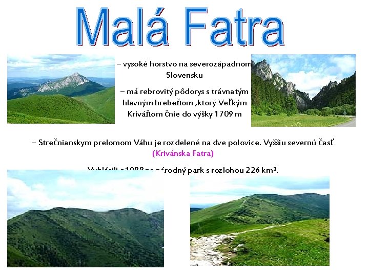 – vysoké horstvo na severozápadnom Slovensku – má rebrovitý pôdorys s trávnatým hlavným hrebeňom