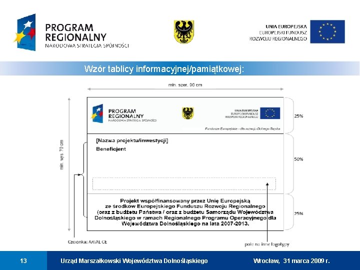 Wzór tablicy informacyjnej/pamiątkowej: 0113 13 Urząd Marszałkowski Województwa Dolnośląskiego Wrocław, 31 marca 2009 r.