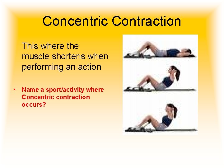 Concentric Contraction This where the muscle shortens when performing an action • Name a