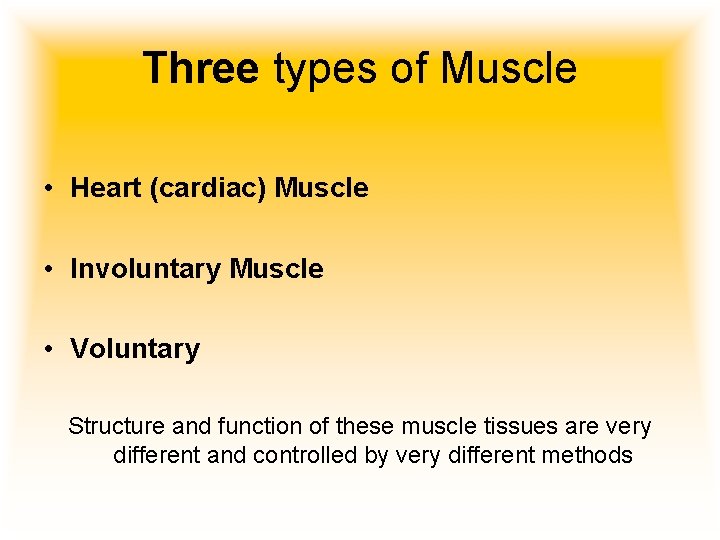 Three types of Muscle • Heart (cardiac) Muscle • Involuntary Muscle • Voluntary Structure
