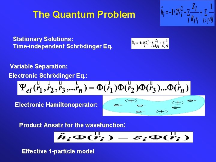 The Quantum Problem Stationary Solutions: Time-independent Schrödinger Eq. Variable Separation: Electronic Schrödinger Eq. :