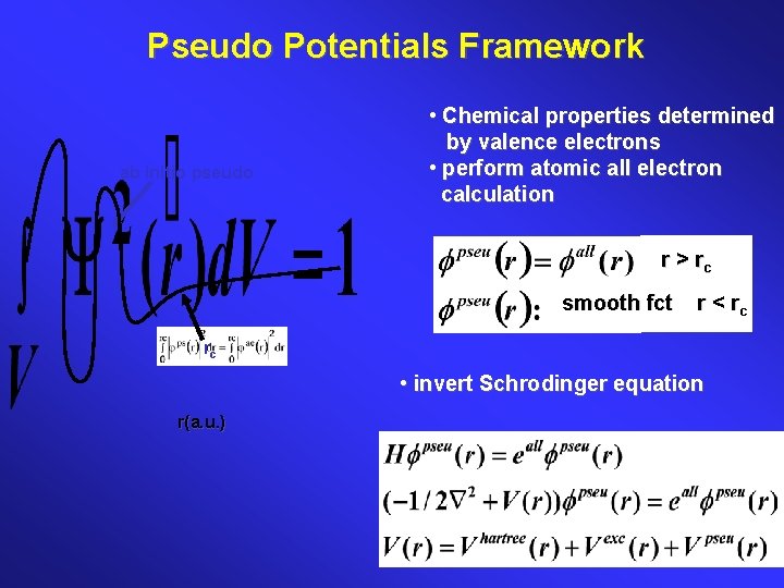 Pseudo Potentials Framework ab initio pseudo • Chemical properties determined by valence electrons •