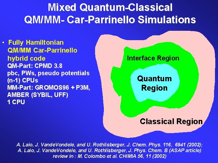 Mixed Quantum-Classical QM/MM- Car-Parrinello Simulations • Fully Hamiltonian QM/MM Car-Parrinello hybrid code QM-Part: CPMD