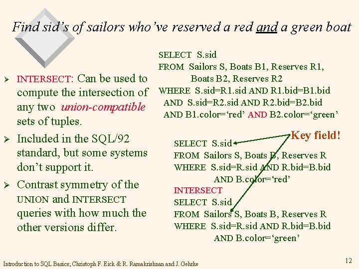 Find sid’s of sailors who’ve reserved a red and a green boat Ø Ø