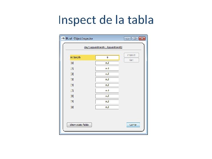 Inspect de la tabla 