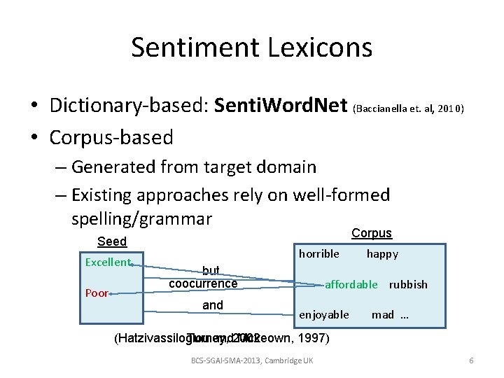 Sentiment Lexicons • Dictionary-based: Senti. Word. Net (Baccianella et. al, 2010) • Corpus-based –