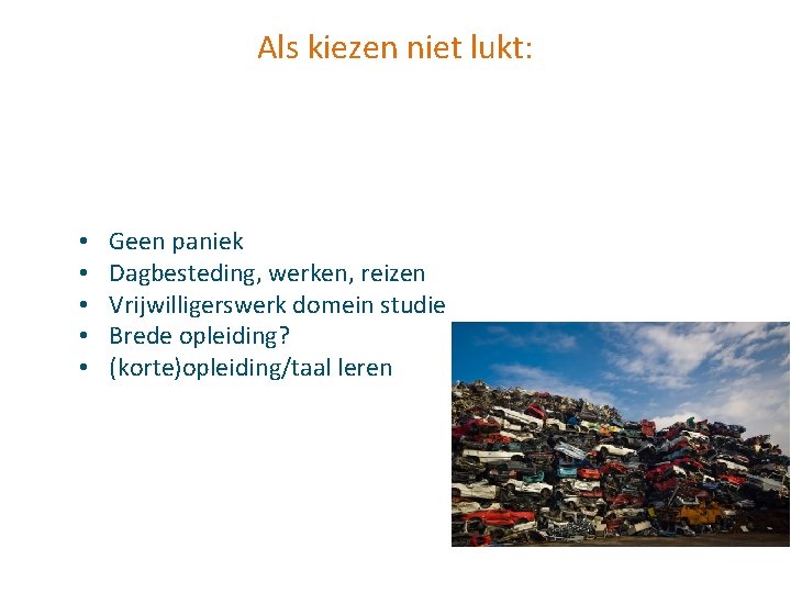 Als kiezen niet lukt: • • • Geen paniek Dagbesteding, werken, reizen Vrijwilligerswerk domein